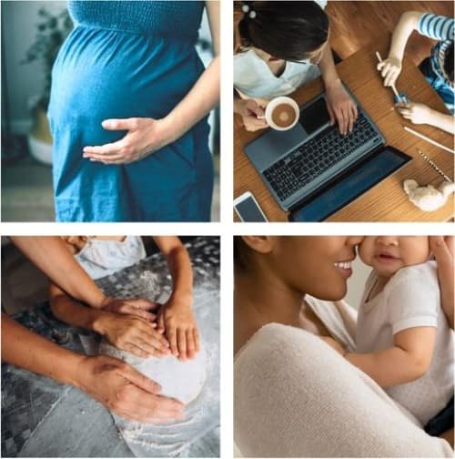 Collage representing the matrescence journey — from pregnancy through early parenthood — showing the real cognitive and emotional changes Focus Like A Mother's coaching addresses